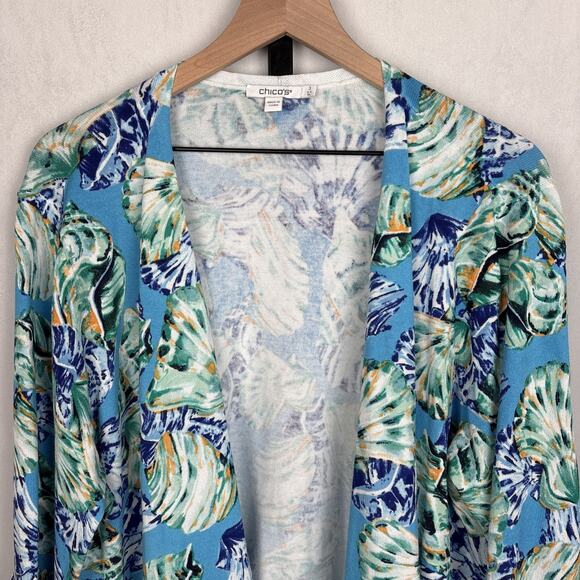Chico's Seashell Open Front Cardigan Size XL Linen Blend Beach Colorful Coastal - Picture 2 of 11